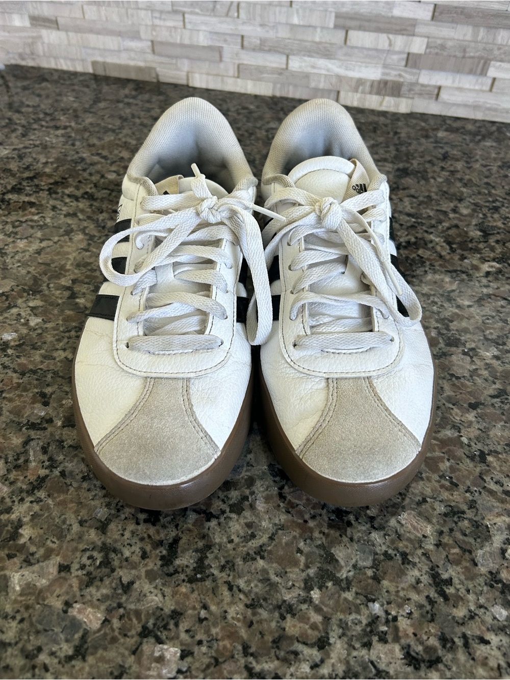 adidas White Sneakers with Brown Gum Sole and Black Stripes